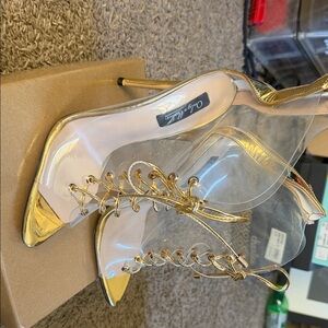 Only Maker Clear and Gold Open Toed Lace Up Booties. Size 8